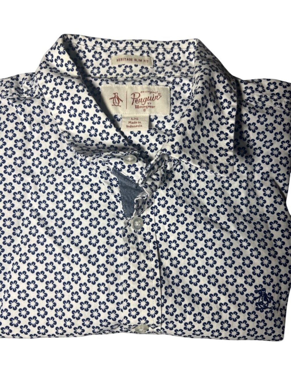 Men's Penguin heritage slim fit size L large white shirt blue floral